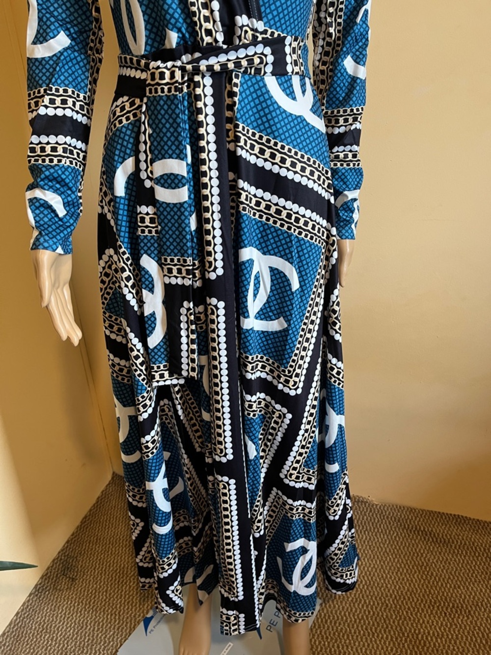 CHANEL Blue and White Long Sleeve Logo Wrap Dress - Picture 3 of 5